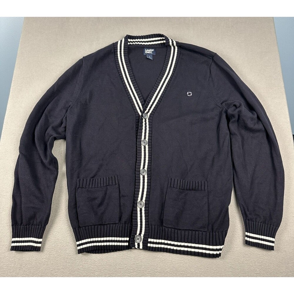 Lands' End Men's Cardigan L 42-44 Navy White Trim Varsity Ivy League Preppy